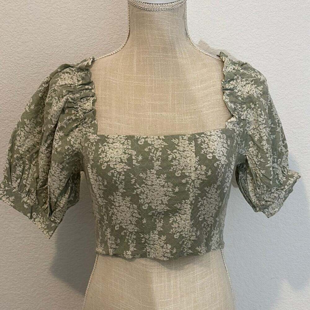 Olivaceous Floral Green Puff Sleeve Corset Halter Top SMALL NEW NWT Cottagecore